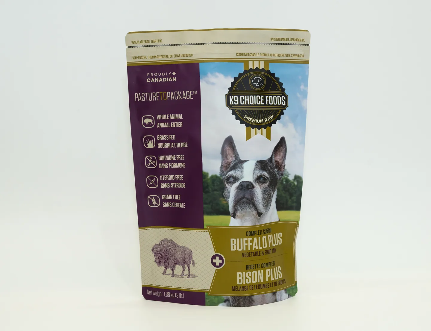 Finished dry pet food pouch used as a packaging example