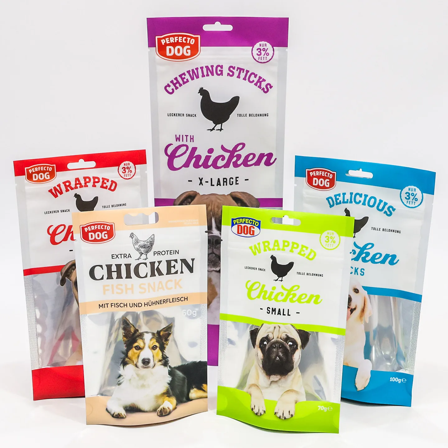 Finished pet treat pouches used as packaging examples