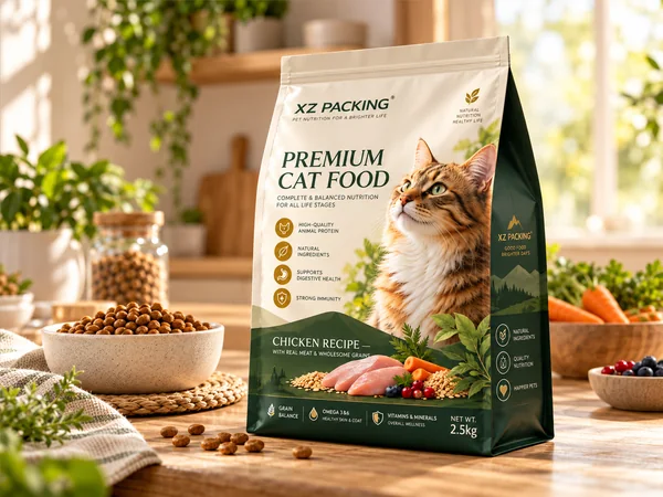 Illustrative concept of a flat bottom pet food bag with printable panels in a warm natural setting