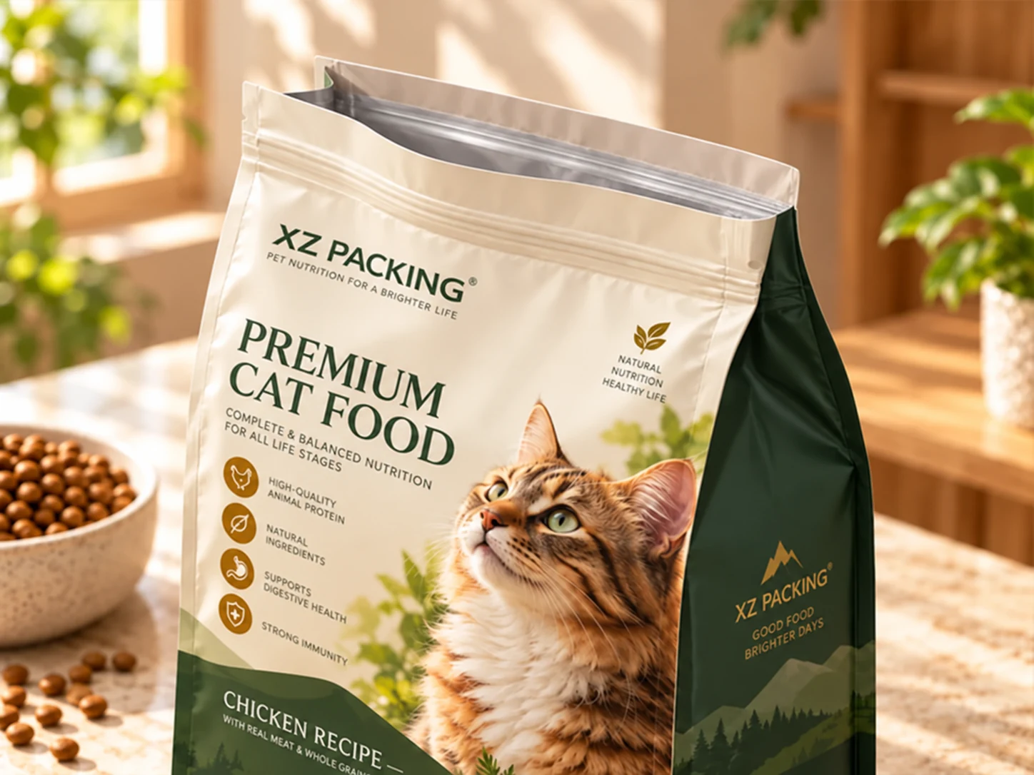 Illustrative close view of the opening and zipper area of a flat bottom pet food bag