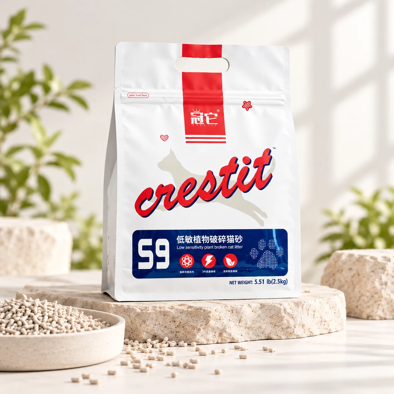Styled scene showing a white handled cat litter packaging bag and a bowl of cat litter pellets