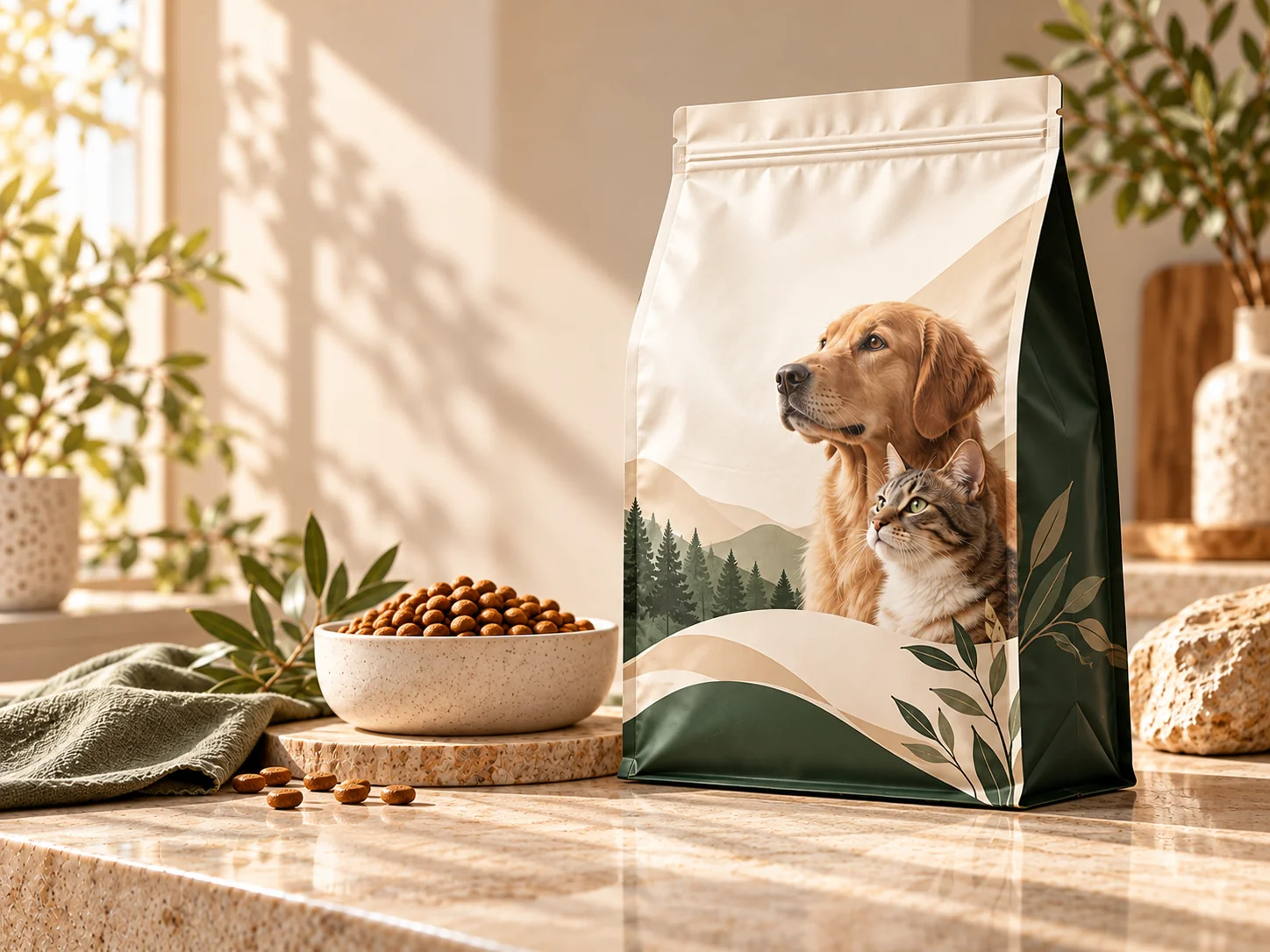 Styled scene showing an ivory and green pet-food pack alongside kibble in a warmly lit kitchen setting