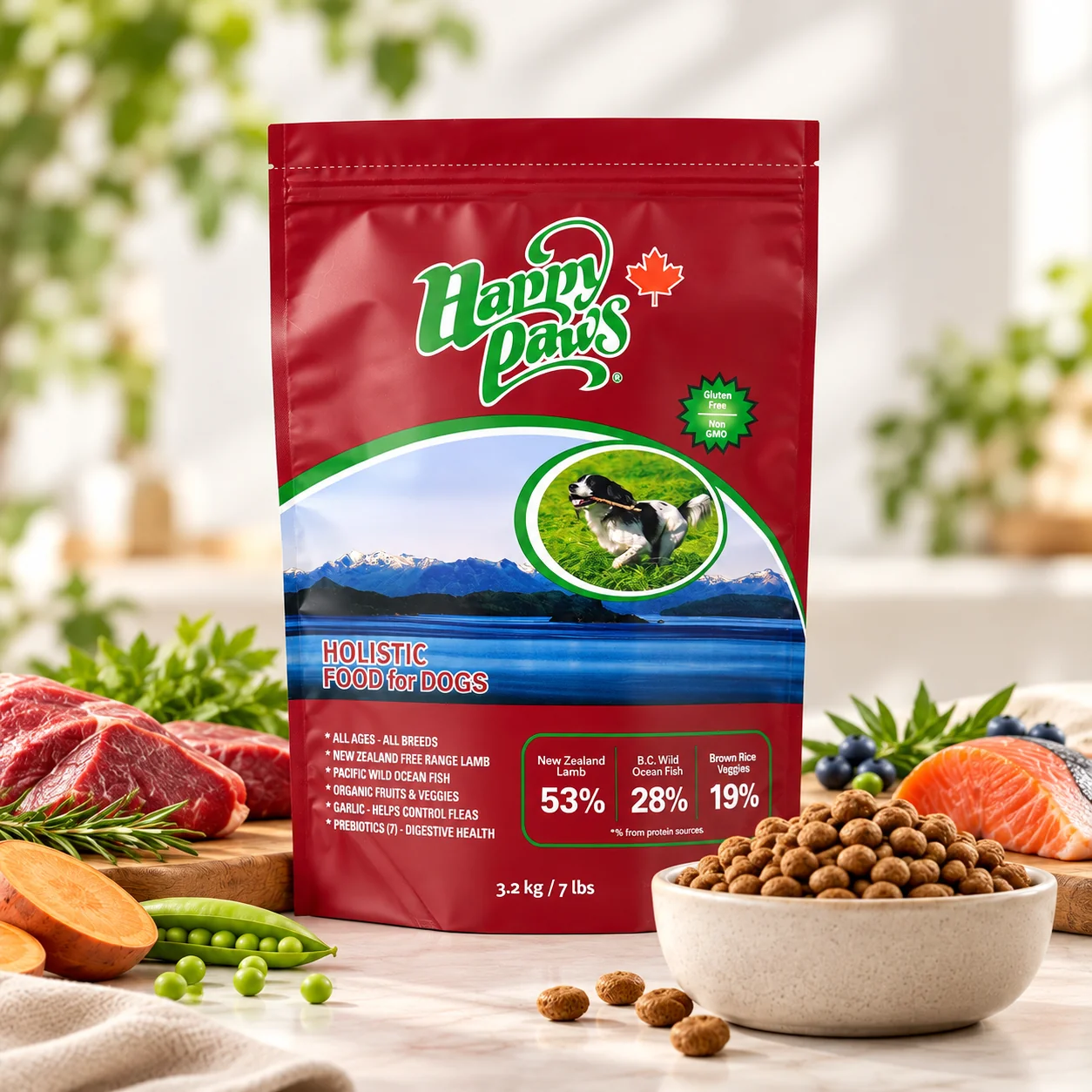 Styled product photograph of a red Happy Paws dog-food pouch beside a bowl of kibble