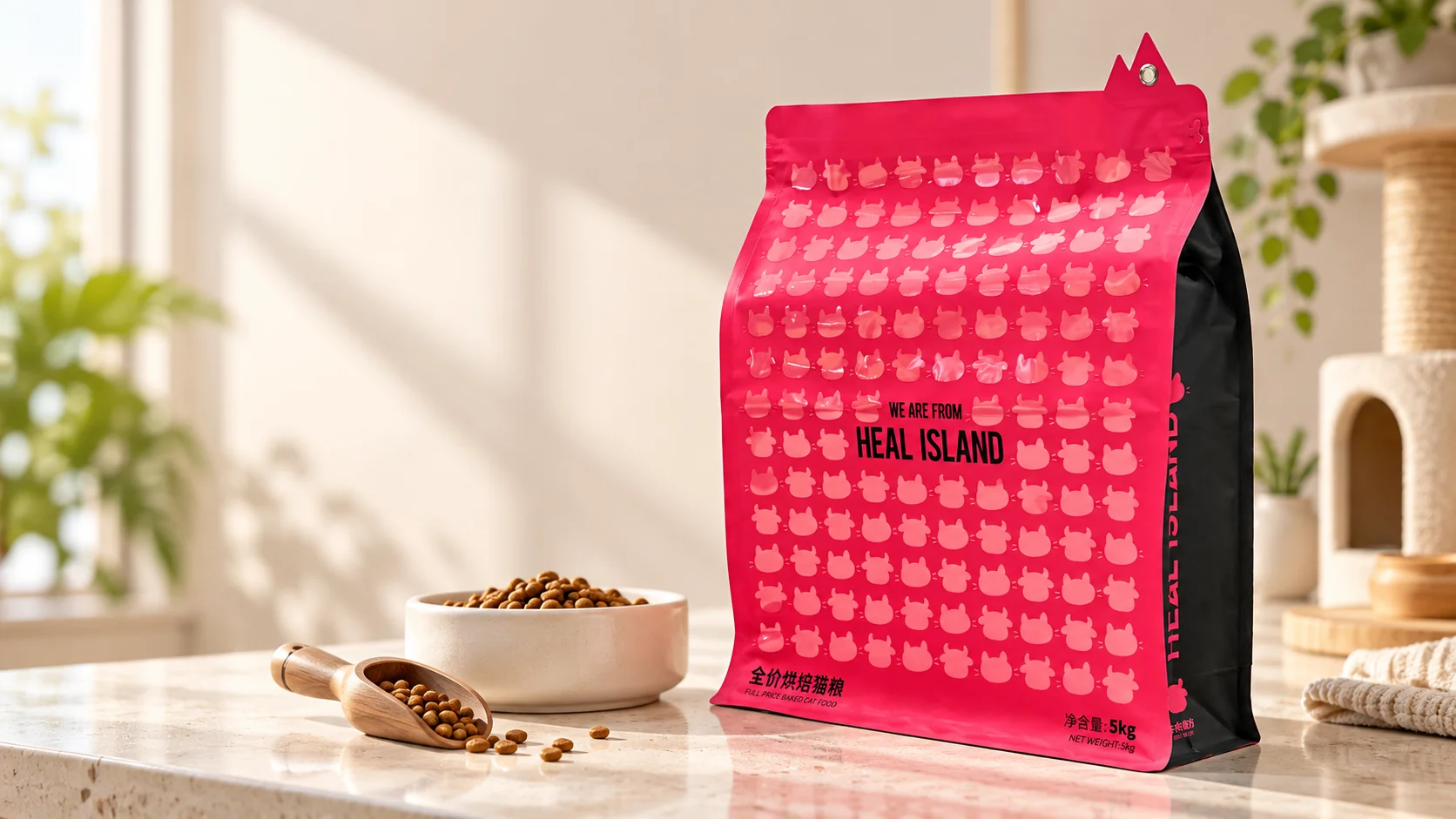 Styled photograph of a pink cat kibble packaging bag and a bowl of kibble