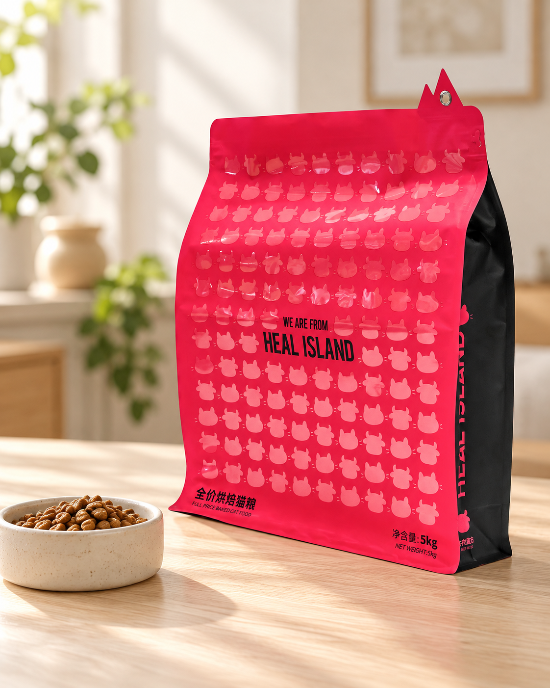 Pink flat-bottom cat food bag shown in a styled pet-food packaging scene