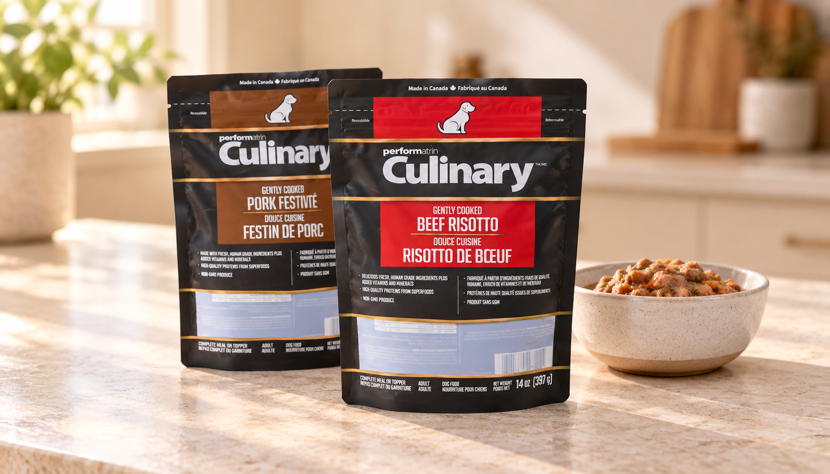 Real wet pet food pouches in a styled indoor packaging scene
